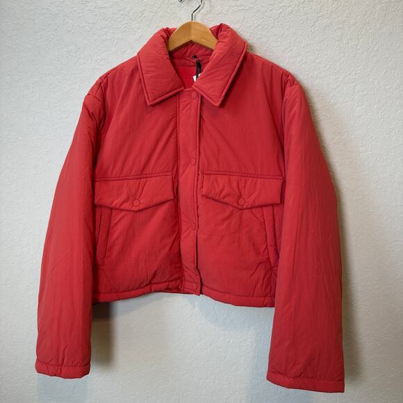 Women's Blank NYC Red Nylon Bomber Jacket with Pockets Size L NEW - Picture 1 of 8